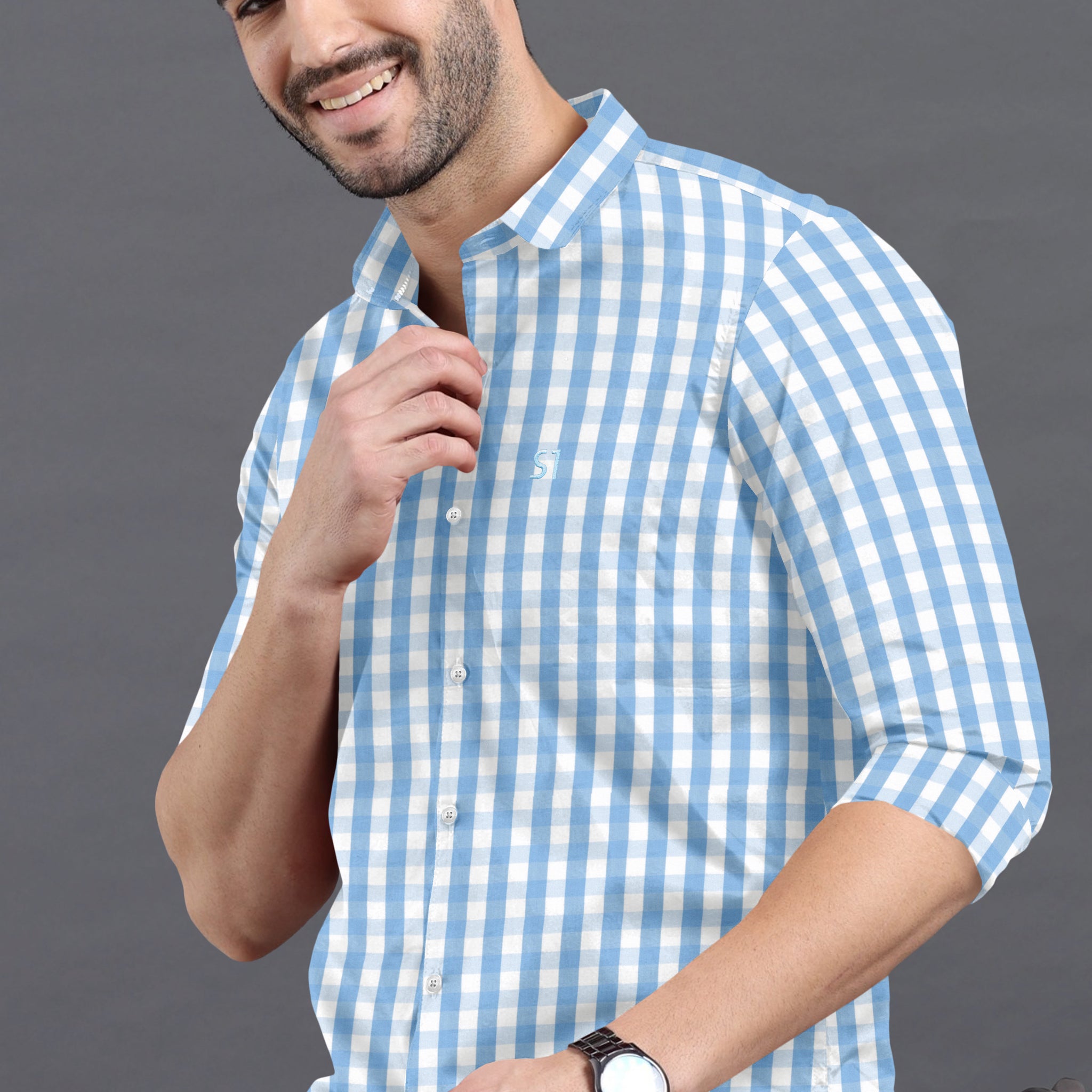 Sky Blue Precision Box Check Long Sleeve Shirt